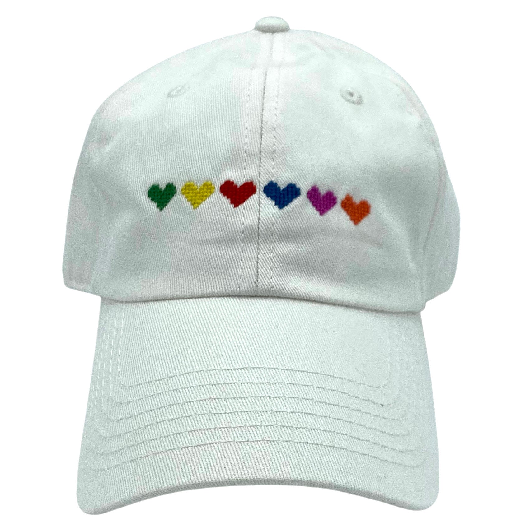 rainbow hearts on snow white hat