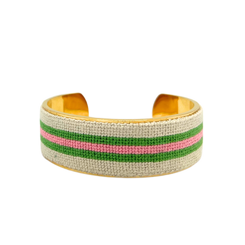 pink and green striped needlepoint cuff over metal