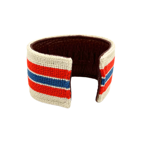 red, white, and blue needlepoint cuff
