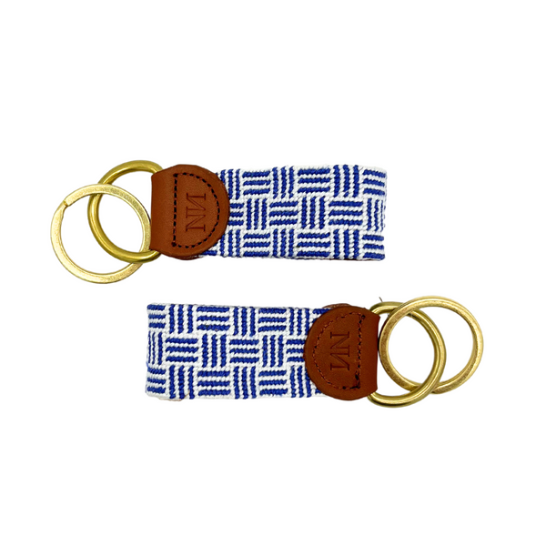 blue thatched needlepoint keychain