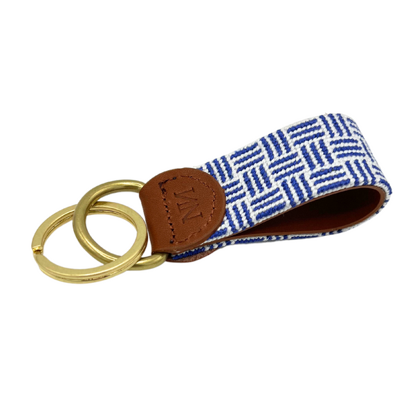 blue thatched needlepoint keychain