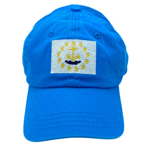 Rhode Island flag on washed electric blue hat