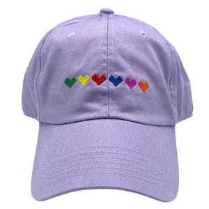 rainbow hearts on lilac hat
